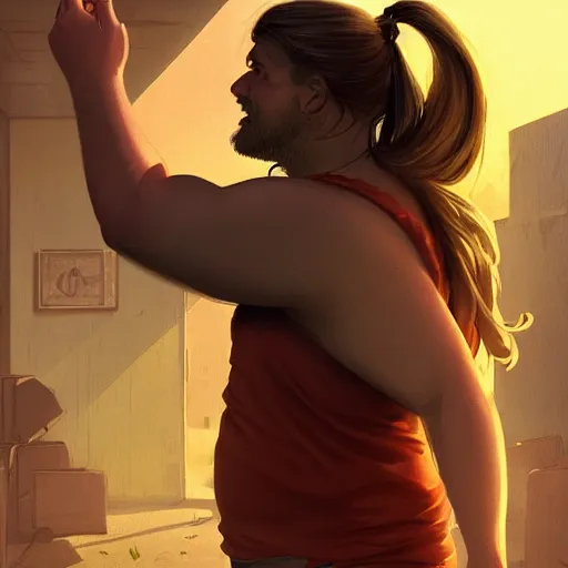 Image similar to portrait of a half fatman half pig with long hair tied in a ponytail, light stubble with red shirt eats kebab ,digital art,photorealistoc,art by greg rutkowski,hyperdetailed,western comic style,comic,comic style,sharp lineart,professional lighting,deviantart,artstation,trevor henderson,rossdtaws,cinematic,dramatic