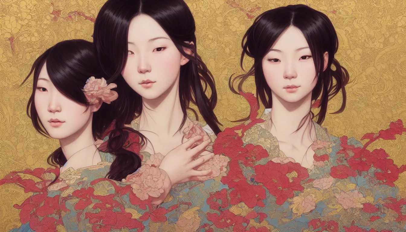 Image similar to excellent painted portrait of one pretty japanese girl with upturned nose, high quality masterpiece painted, patterned background, 4 k, trending on artstation, octane render, art by james jean and artgerm and greg rutkowski and alphonse mucha and craig mullins and james jean and andrei riabovitchev and marc simonetti and peter mohrbacher