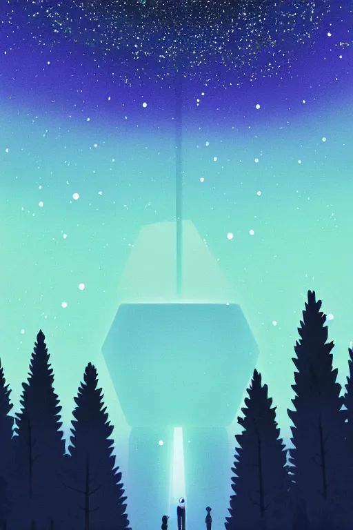 Image similar to A geometric glossy white robot stands in the middle of a forest in the centre of the frame. softly glowing blue trees at night. The sky above has many stars and a beautiful blue aurora. Comet in the middle of the sky. Cyril Roland naomi okubo. Trending on artstation. Digital painting.