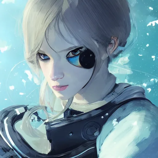 Prompt: highly detailed portrait of a hopeful young astronaut lady with a wavy blonde hair, by Dustin Nguyen, Akihiko Yoshida, Greg Tocchini, Greg Rutkowski, Cliff Chiang, 4k resolution, persona 5 inspired, nier:automata inspired, resident evil inspired, vibrant but dreary but upflifting thunder blue, black and white color scheme!!! ((Space nebula background))