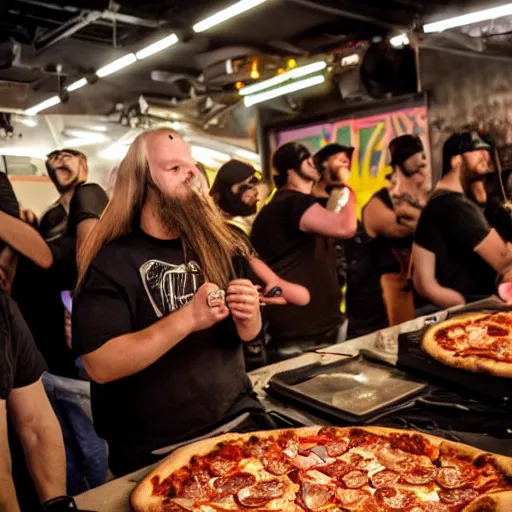 Image similar to pizza party at a metal concert held in cyblerspace