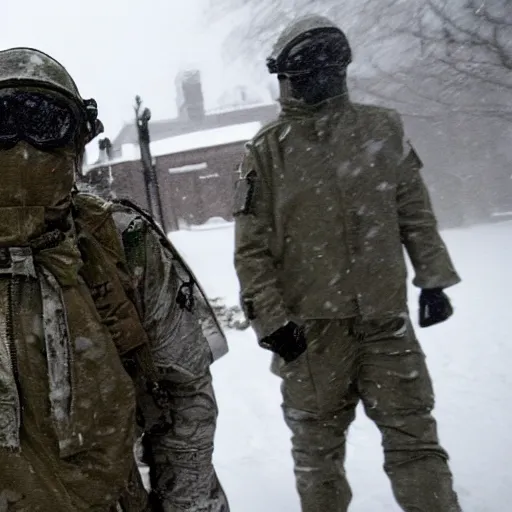 Prompt: multiple soldiers wearing arctic clothing, riot gear, in snow storm, apocalyptic.