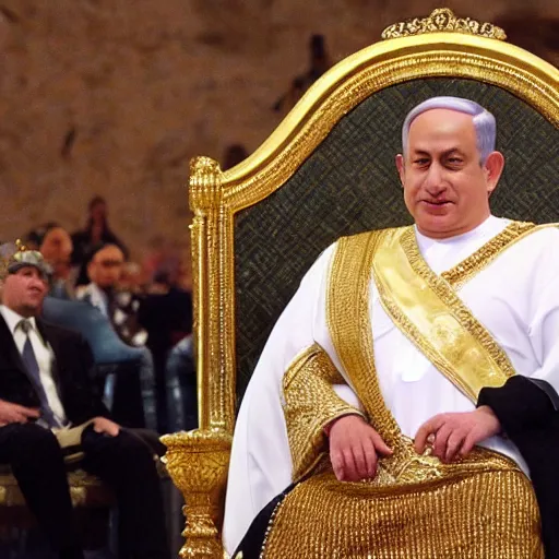 Prompt: Benjamin Netanyahu as a fat Arab king, sitting on his throne