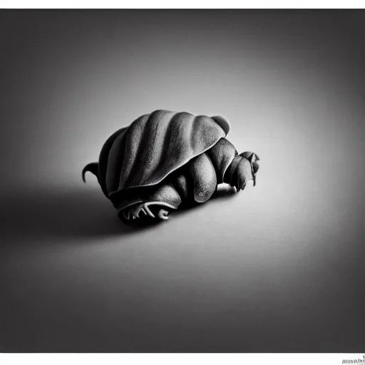 Image similar to formal black and white warm - toned photograph in the style of yousuf karsh of a tardigrade.