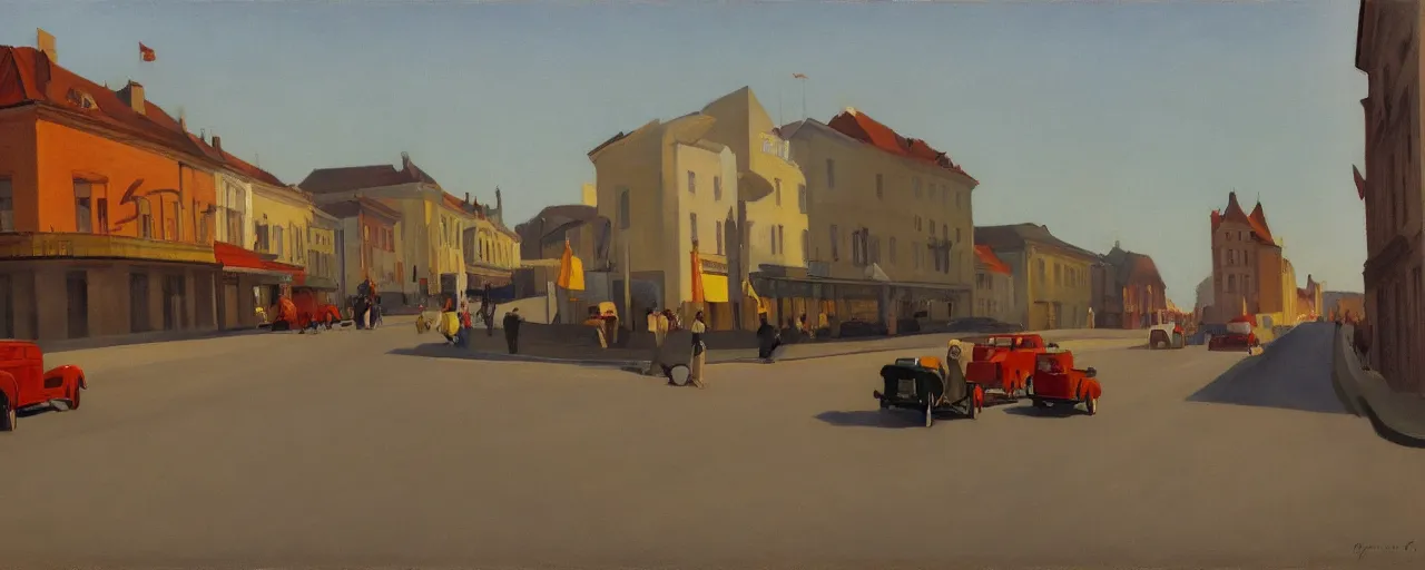 Image similar to an edward hopper style painting of a busy road of ( ( ( ( ( ( ( ( gyor ) ) ) ) ) ) ) ) in hungary, late - autumn, november of 1 9 4 8