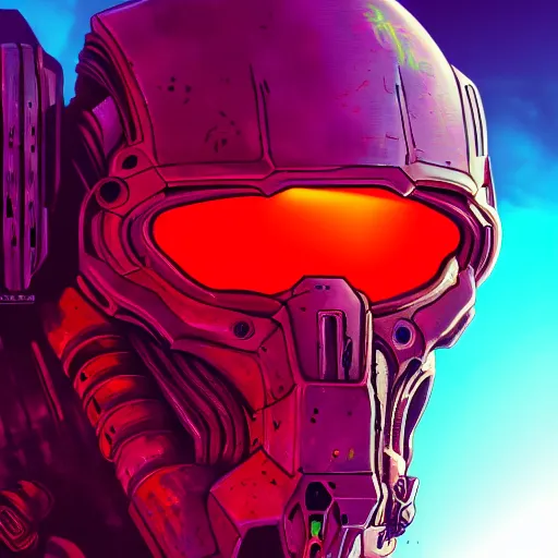 Prompt: doom slayer, synthwave, retrowave, hyper realism, detailed, colorful background, digital painting