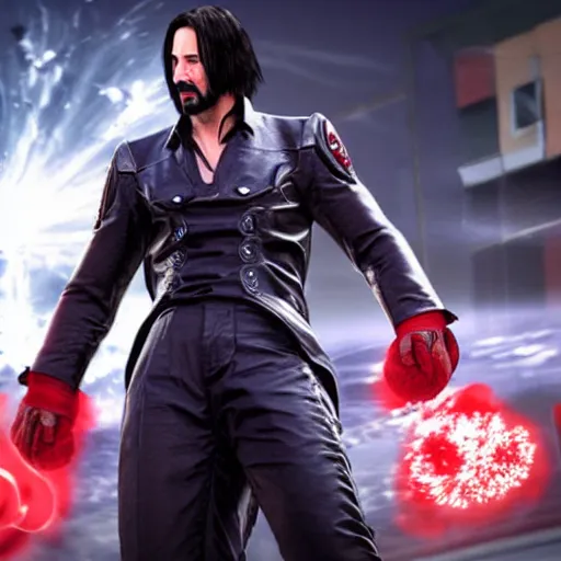 Prompt: Keanu Reeves as a character in Tekken, film still, photorealistic