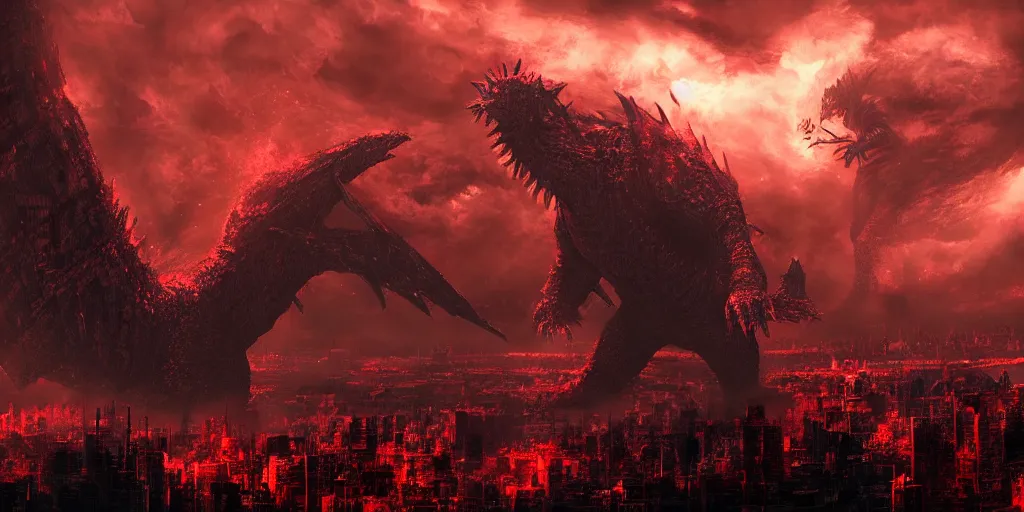 Prompt: Kaiju towering above New York, dark souls concept art, red glow, dramatic lighting, highly stylized, high-quality wallpaper, desktopography