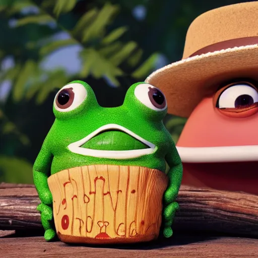 Image similar to baby pepe the frog wearing a tiny sombrero, holding maracas, larg eyes, sitting on a log, pixar, disney, dynamic lighting, bokeh