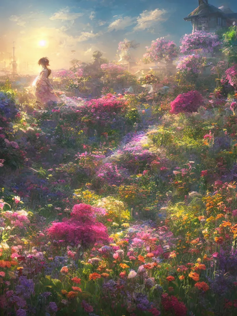 Prompt: a dream flower garden near a seaside harbor environment where one draws mystical energy into their lives, background art, pristine concept art, small, medium and large design elements, golden hour, in the style of WLOP and Ross Tran