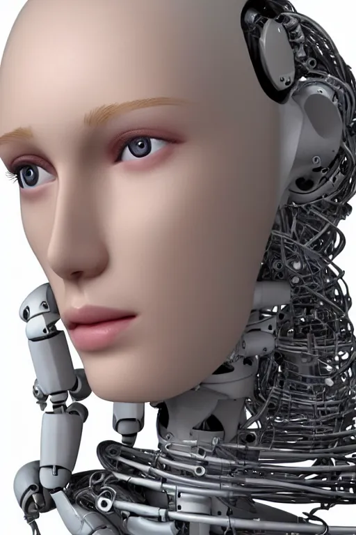 Image similar to robot with human face, female head, full body angle, woman human face, human face realistic, beautiful blonde hair, human head, human head with blonde hair, blonde hair human head, blonde hair, human realistic face, human head skin, cyborg frame concept, cyborg by ales-kotnik, sci-fi android female, the body is made of wires, robotic body, cyborg body, cyborg bust body, robot body cyborg, full body