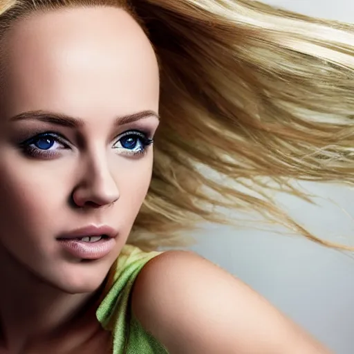 Prompt: A beautiful woman with blonde hair and green eyes and a big forehead, full body portrait, highly detailed, excellent composition, dramatic lighting, realistic 4k