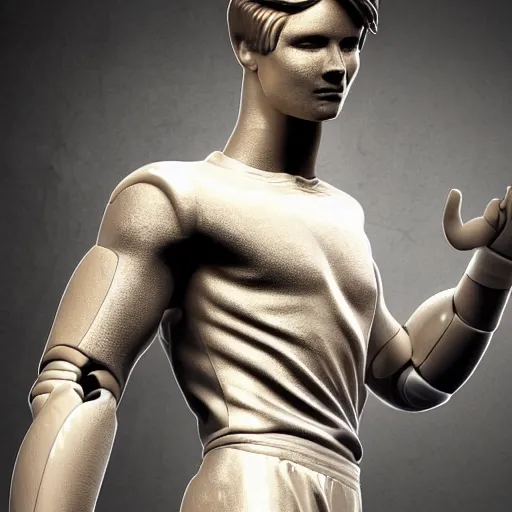 Image similar to a realistic detailed photo of a guy who is an attractive humanoid who is half robot and half humanoid, who is a male android, attractive and handsome soccer players, shiny skin, posing like a statue, blank stare, in a factory, on display, showing off his muscles, wearing soccer shorts, side view, looking at each other mindlessly