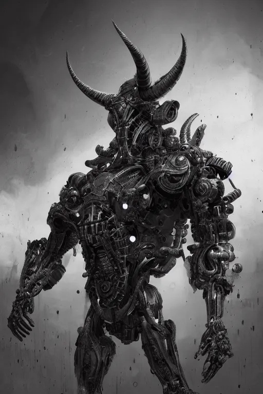 Prompt: Techno-God is an ancient mechanical gray giant chaotic horned humanoid, digital art, 8k, hyperrealism, high detail, ray tracing, concept art, octane render, Eddie Mendoza style