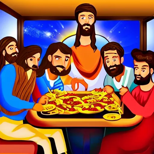 Prompt: jesus and his disciples having a fun dinner at an arcade splitting nachos