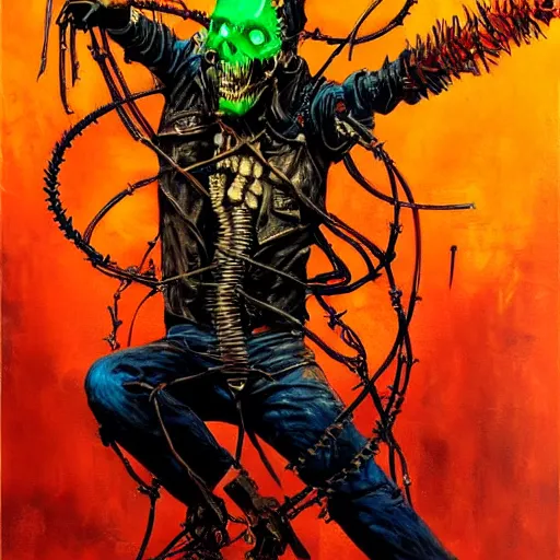 Image similar to cyberpunk ghost rider demon swinging a barbed wire whip, extremely detailed concept art, palette knife oil painting, dark saturated colors, vapor wave, terrifying masterpiece, maximalist, full body portrait, black background, horror, by Ralph Steadman, by Giger, by Alexander McQueen