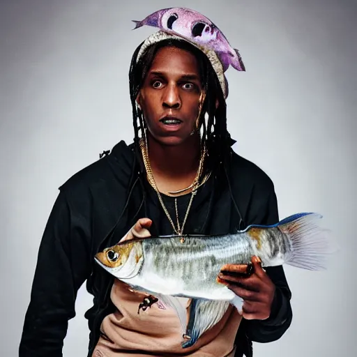 Image similar to asap rocky as a depressed junkie crackhead with a bucket of fish on his head