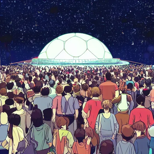 Image similar to illustration of an excited crowd looking at glowing sci fi dome in the centre of a dream city, studio ghibli, ultra hd