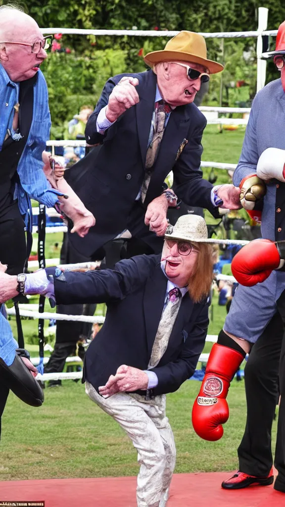 Image similar to michael fish vs john mccririck in a boxing match, in the middle of a paddock