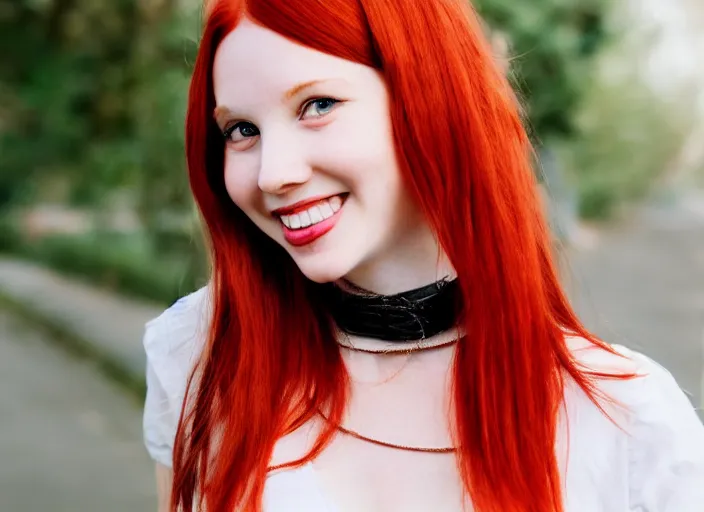 Prompt: portrait of a red haired girl with a choker necklace, and a beautiful smile