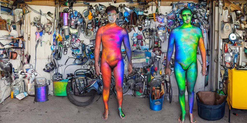 Prompt: a human standing in his garage, he is covered with iridescent bodypaint and barnacles