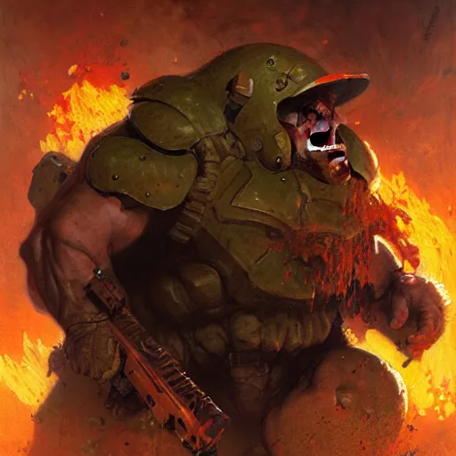 Image similar to Danny DeVito Doom Slayer, knee deep in the dead, by gaston bussiere, craig mullins, Simon Bisley