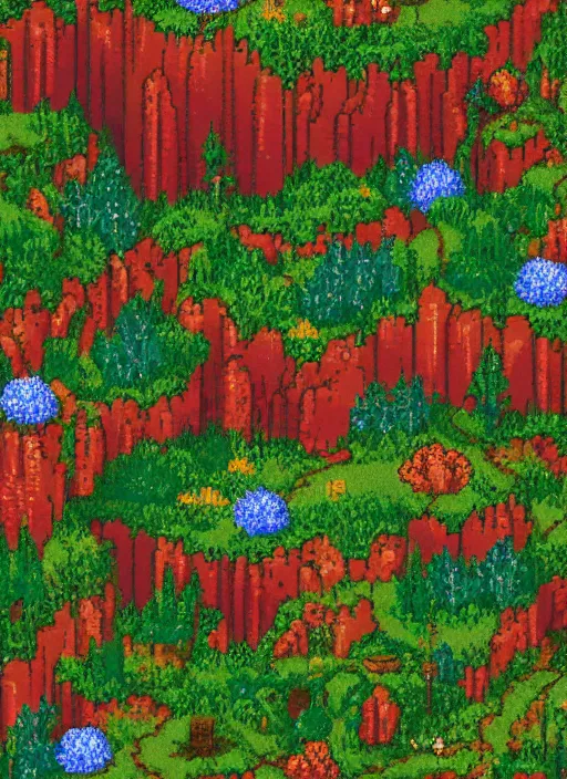 Prompt: view of a light meadow and red waterfalls, beautiful detailed pixelart by albertov in the style of quest for glory iii, intricate details, beautiful, dithered, gradients, volumetric lighting, cgsociety, artstation, 2. 5 d