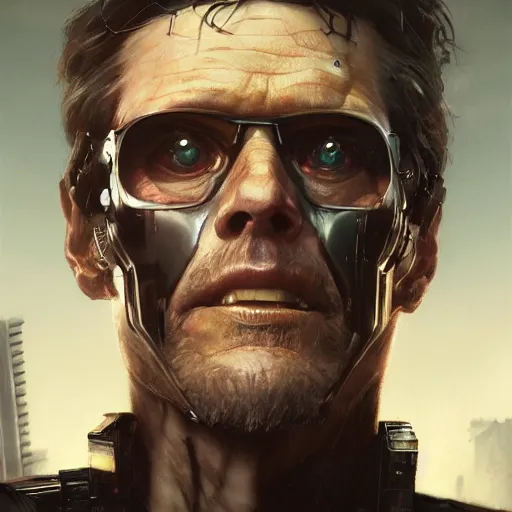 Image similar to closeup portrait of william dafoe, cyberpunk, ex military guy, city background, dramatic light, gorgeous view, depth, high detail, digital art, painted by greg rutkowski and seb mckinnon, neuromancer, trending on artstation