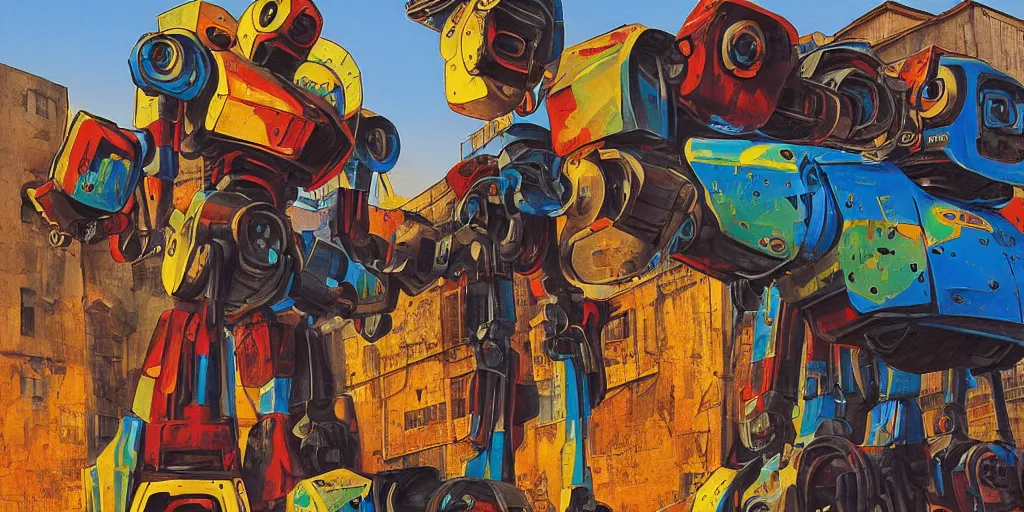 Image similar to colourful - damaged - giant mecha ROBOT of AJEGUNLE SLUMS in Lagos, markings on robot, Golden Hour, in the style Alex ross,