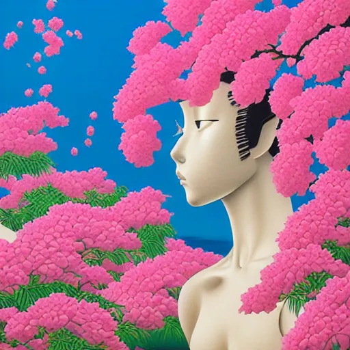 Image similar to Hiroshi Nagai, award winning masterpiece with incredible details, Hiroshi Nagai, a surreal vaporwave vaporwave vaporwave vaporwave vaporwave painting by Hiroshi Nagai of an old pink mannequin head with flowers growing out, sinking underwater, highly detailed Hiroshi Nagai