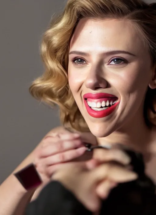 Image similar to scarlett johansson smiling at the camera while putting makeup on her face, real photo, photoshooting, studio light, black background, intricate, epic lighting, cinematic composition, hyper realistic, 8k resolution, unreal engine 5