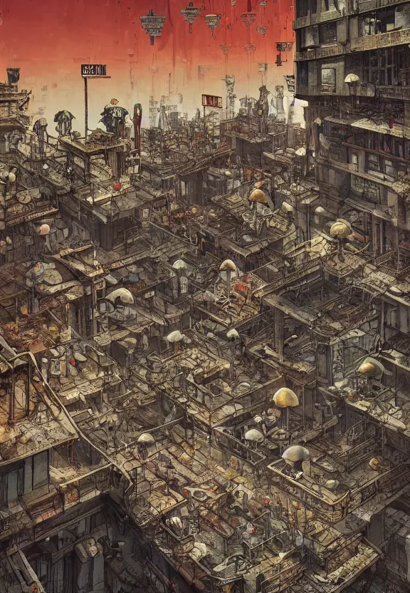 Image similar to [Underground colony with checkered flags, rust and brutalist buildings and little mushrooms. Propaganda poster, intricate, elegant, highly detailed, digital painting, artstation, concept art, matte, sharp focus, illustration, art by Enki Bilal and Moebius]