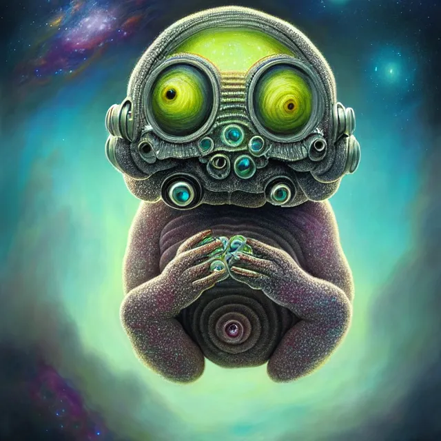 Image similar to a highly detailed tardigrade, it has a beautiful unconventional face, floating through deep space, elegant, hyperrealistic, digital painting, artstation, realism, concept art, pop, smooth, mythological, sharp focus, qualia, illustration, art by mark ryden 3 d 8 k ultra detailed