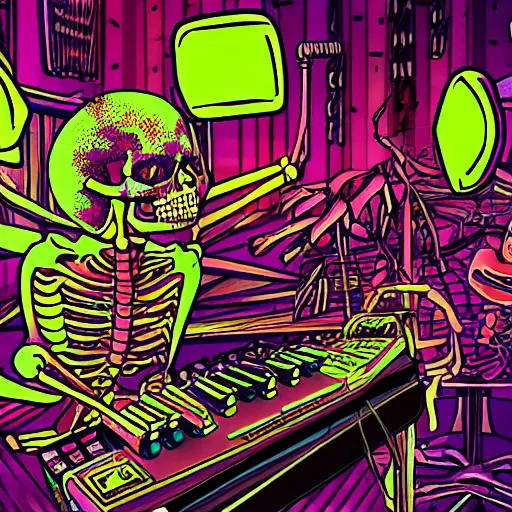 Image similar to a skeleton going ham on a synthesizer in a night club with strobe lights, vivid, detailed, outrun, synthwave, vaporwave