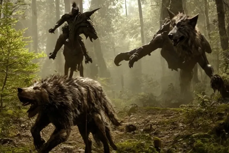 Image similar to vfx movie closeup detailed ancient armored warrior orc hunting riding large wolf in the forest, natural lighting by emmanuel lubezki