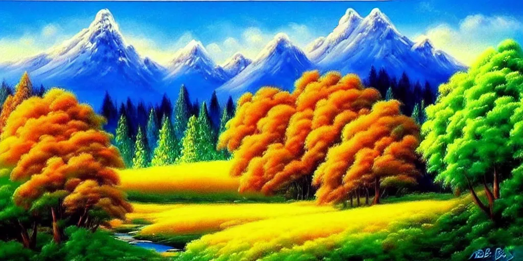 Image similar to a beautiful fantasy landscape art, orange clouds in the blue sky and green trees, snowy mountains, art by bob ross