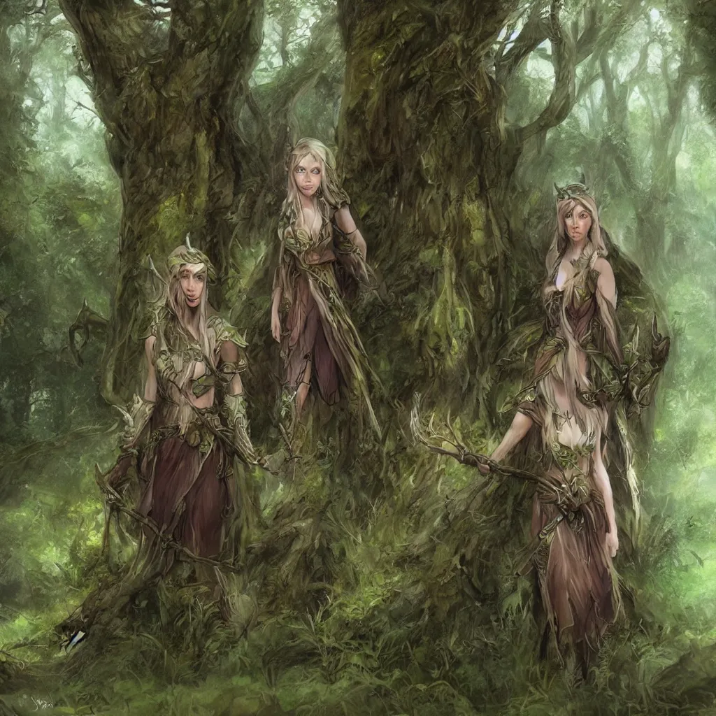 Image similar to A young elven female druid traveling trough the forest + concept art + detailed character portrait + James Gurney