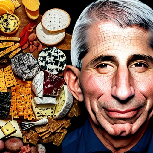 Prompt: uhd photorealistic anthony fauci made of various cheeses. photo by annie leibowitz