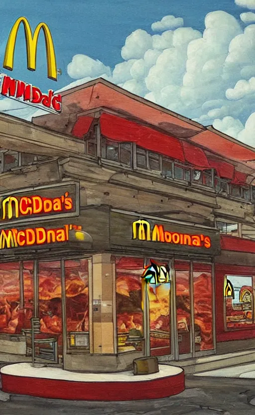 Image similar to amazing intricate painting of mcdonalds in an apocalypse. hd. hq. very detailed.