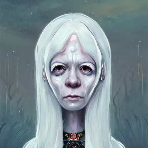 Image similar to portrait of small, cute, rubbery, huge-eyed, big-lipped albino mutant priestess with elaborate white hair with serious expression; science fiction concept art by Anato Finnstark, Margaret Keane, Greg Rutkowski