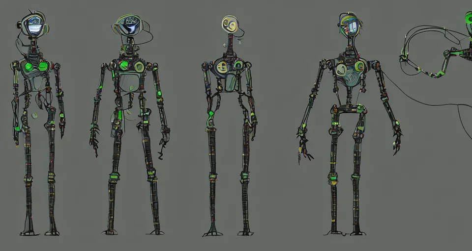 Prompt: concept art of a lanky cyberpunk robot that is overgrown by neon mushrooms, digital art, concept art, character sheet, character design