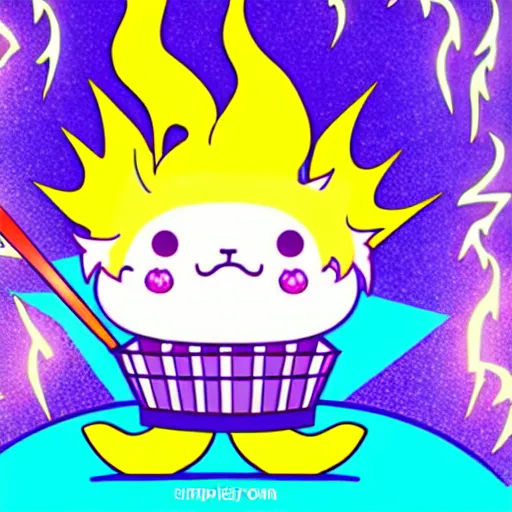 Image similar to kawaii wacky fluffy popcorn with lightning bolt power, yokai, in the style of a manga character, with a smiling face and flames for hair, sitting on a lotus flower, white background, simple, clean composition, symmetrical