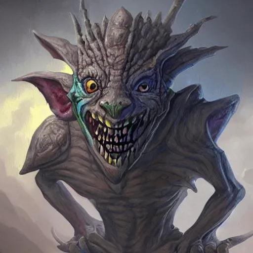 Image similar to a highly detailed goblin with grey skin and blue eyes that glow, in a dust storm, like magic the gathering, goblin chainwalker,, digital art, by christopher rush