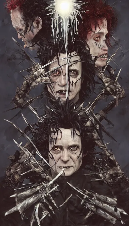 Prompt: the final battle between freddy krueger and edward scissorhands, wrath, revenge, anger, rage, lacerations, intricate, highly detailed, digital painting, artstation, symmetrical, concept art, smooth, sharp focus, illustration, unreal engine 5, 8 k, art by artgerm and greg rutkowski and alphonse mucha