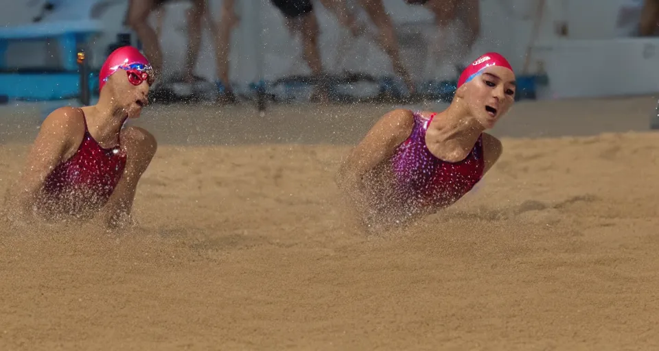 Image similar to olympic swimming in sand instead of water, extremely coherent, motion blur