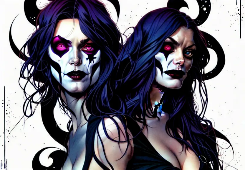 Image similar to artgerm, joshua middleton comic cover art, pretty phoebe tonkin as death from sandman comic, smiling, full body, symmetrical eyes, symmetrical face, long curly black hair, cool colors