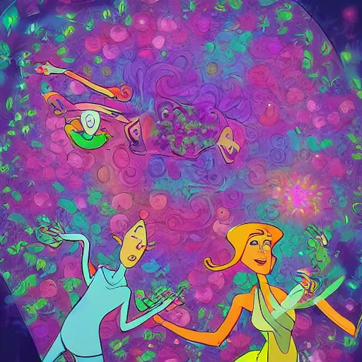 Image similar to Digital art. This illustration is a large canvas, covered in a wash of color. In the center is a cluster of flowers, their petals curling and twisting in on themselves. The effect is ethereal and dreamlike, and the overall effect is one of serenity and peace. Jetsons by Josan Gonzalez