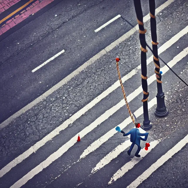 Prompt: epic professional tilt shift photograph of a tight rope walker walking over a busy street full of traffic, Canon TS-E 90mm f/2.8L Macro, epic, stunning, gorgeous, much detail, award winning masterpiece