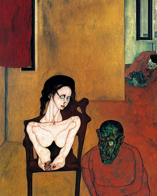 Image similar to expressionist and symbolic painting of an old dead couple sitting in a living room in an old apartment and a man is looking through a window from the outside,  Beksinski impasto painting, part by Egon Schiele and Gerhard Richter oil painting. art by Francisco Goya and Takato Yamamoto,  Francis Bacon masterpiece