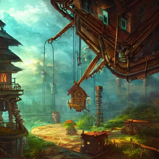 Image similar to a house with huge mechanical legs, Baba Yaga, cinematic angle, studio Ghibli and Thomas Cole, volumetric lighting, steampunk, housepunk,, bold, beautiful composition, intricate, elegant, digital art, detailed oil painting, hyperrealistic, sharp focus, 8k